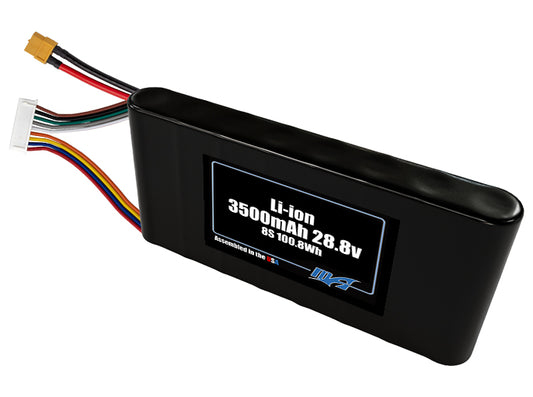 Compact 28.8-volt 3500mAh lithium-ion battery, built for lightweight drone, UAV, and robotics projects.