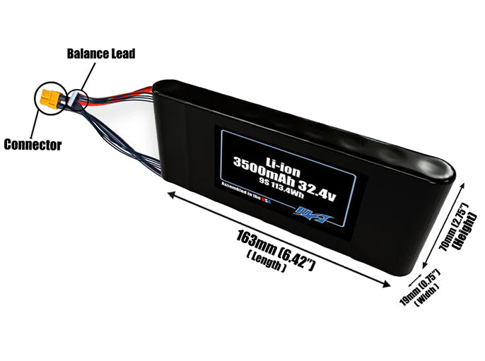 Size reference photo of the 3500mAh 32.4V Li-ion pack showing 163 mm by 19 mm by 70 mm dimensions ideal for drones or small robotic systems where space matters.