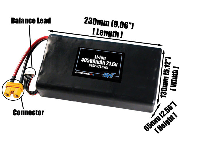 Size reference photo of the 45000mAh 21.6V lithium ion pack showing 230 mm by 130 mm by 65 mm dimensions ideal for drones or large robotic systems where space matters.