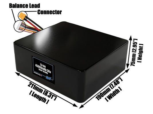 Size reference photo of the 45000mAh 36V lithium ion pack showing 211 mm by 190 mm by 75 mm dimensions ideal for drones or large robotic systems where space matters.