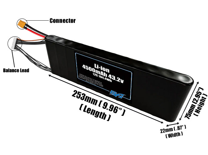 Size reference photo of the 4500mAh 43.2V Li-ion pack showing 253 mm by 22 mm by 75 mm dimensions ideal for drones or small robotic systems where space matters.