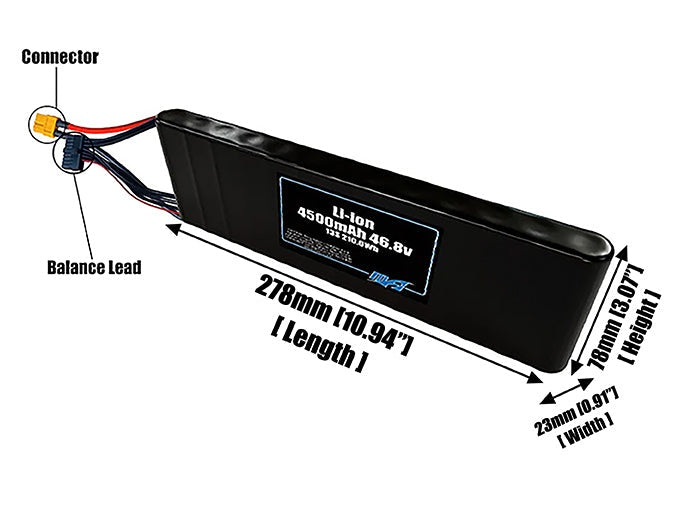 Size reference photo of the 4500mAh 46.8V Li-ion pack showing 278 mm by 23 mm by 78 mm dimensions ideal for drones or small robotic systems where space matters.