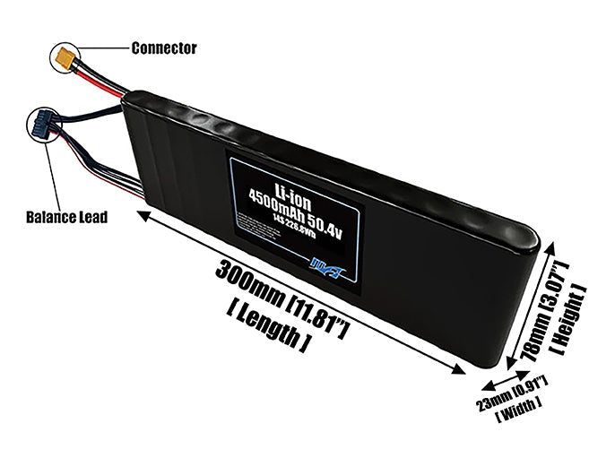 Size reference photo of the 4500mAh 50.4V Li-ion pack showing 300 mm by 23 mm by 78 mm dimensions ideal for drones or small robotic systems where space matters.