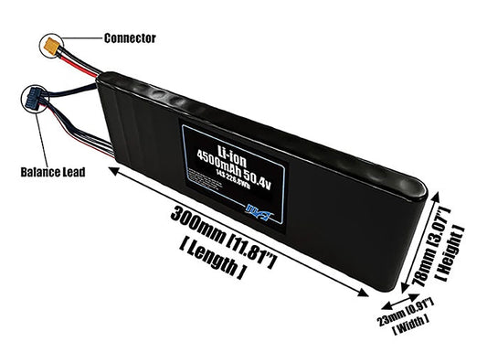 Size reference photo of the 4500mAh 50.4V Li-ion pack showing 300 mm by 23 mm by 78 mm dimensions ideal for drones or small robotic systems where space matters.