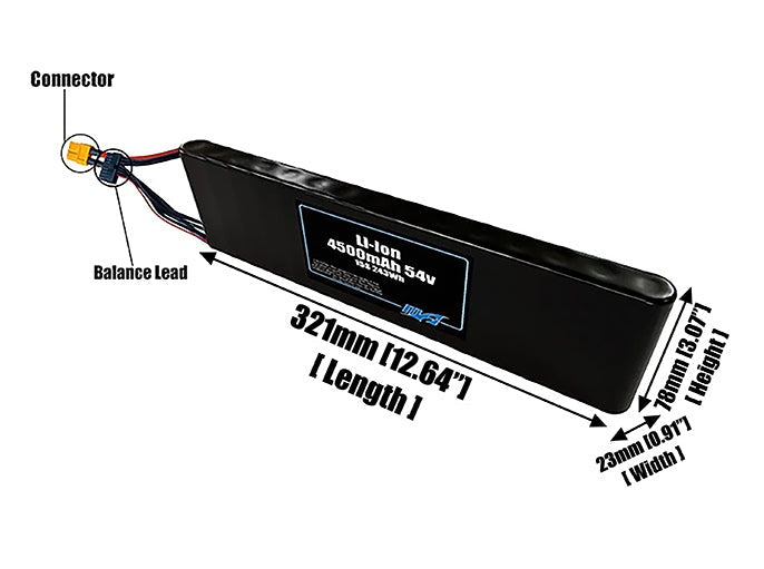 Size reference photo of the 4500mAh 54V Li-ion pack showing 321 mm by 23 mm by 78 mm dimensions ideal for drones or small robotic systems where space matters.