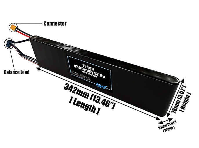 Size reference photo of the 4500mAh 57.6V Li-ion pack showing 342 mm by 23 mm by 78 mm dimensions ideal for drones or small robotic systems where space matters.