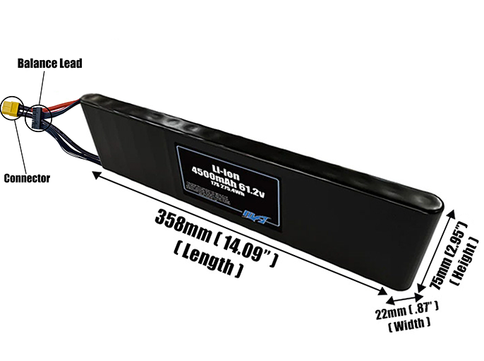 Size reference photo of the 4500mAh 61.2V Li-ion pack showing 358 mm by 22 mm by 75 mm dimensions ideal for drones or small robotic systems where space matters.