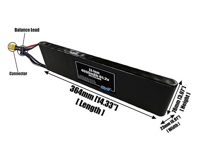 Size reference photo of the 4500mAh 61.2V Li-ion pack showing 364 mm by 23 mm by 78 mm dimensions ideal for drones or small robotic systems where space matters.