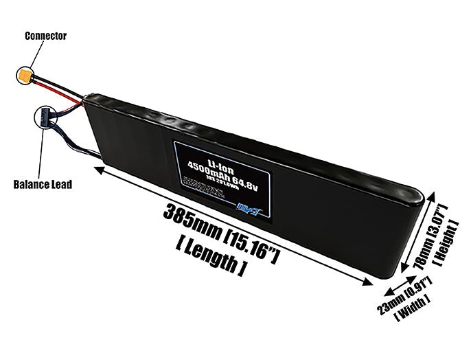 Size reference photo of the 4500mAh 64.8V Li-ion pack showing 385 mm by 23 mm by 78 mm dimensions ideal for drones or small robotic systems where space matters.