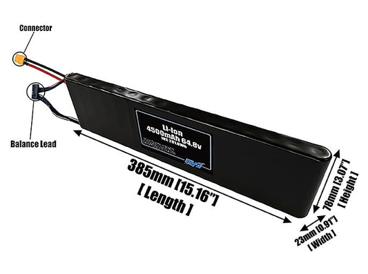 Size reference photo of the 4500mAh 64.8V Li-ion pack showing 385 mm by 23 mm by 78 mm dimensions ideal for drones or small robotic systems where space matters.