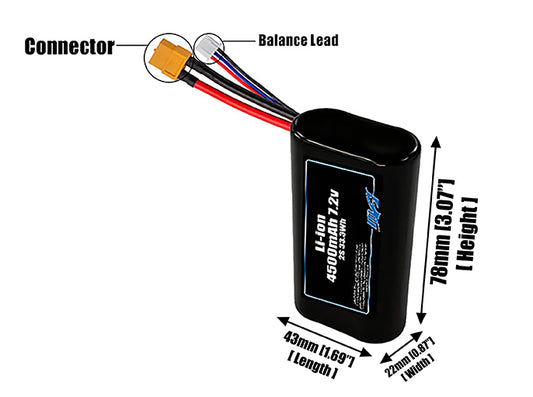 Size reference photo of the 4500mAh 7.2V Li-ion pack showing 43 mm by 22 mm by 78 mm dimensions ideal for drones or small robotic systems where space matters.