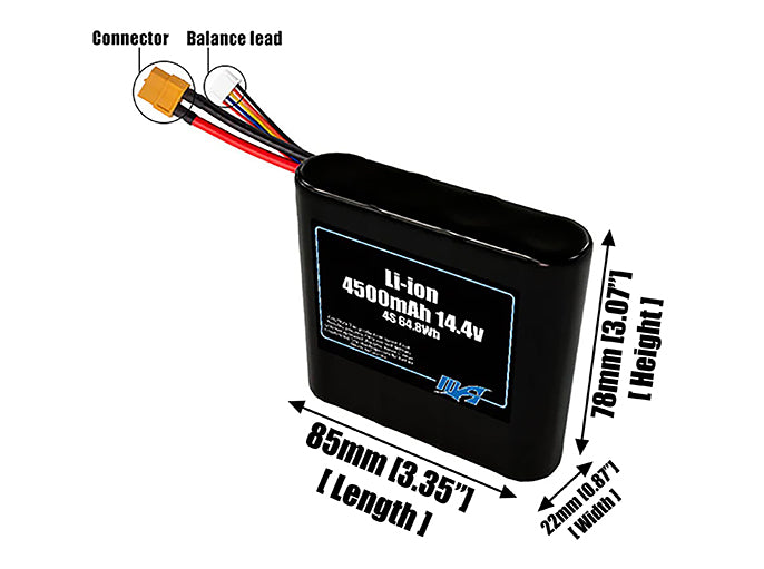 Size reference photo of the 4500mAh 14.4V Li-ion pack showing 85 mm by 22 mm by 78 mm dimensions ideal for drones or small robotic systems where space matters.