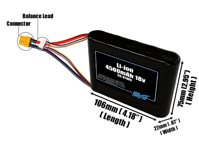 Size reference photo of the 4500mAh 18V Li-ion pack showing 106 mm by 22 mm by 75 mm dimensions ideal for drones or small robotic systems where space matters.