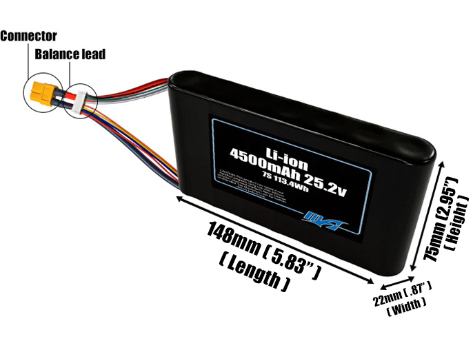 Size reference photo of the 4500mAh 25.2V Li-ion pack showing 148 mm by 22 mm by 75 mm dimensions ideal for drones or small robotic systems where space matters.