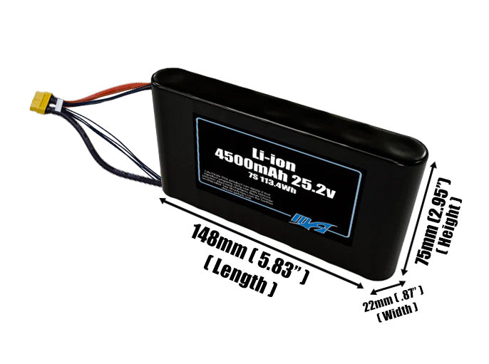 Size reference photo of the 4500mAh 25.2V Li-ion pack showing 148 mm by 22 mm by 75 mm dimensions ideal for drones or small robotic systems where space matters.