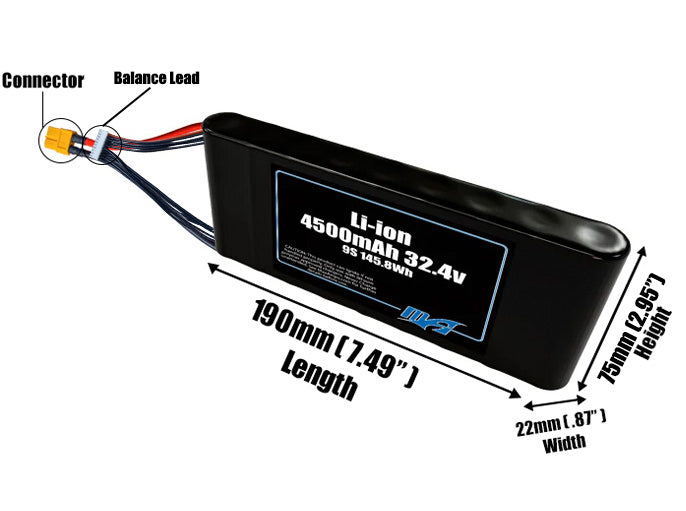 Size reference photo of the 4500mAh 32.4V Li-ion pack showing 190 mm by 22 mm by 75 mm dimensions ideal for drones or small robotic systems where space matters.