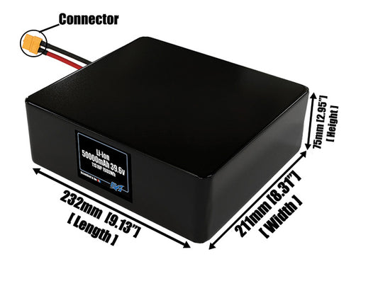 Size reference photo of the 50000mAh 39.6V lithium ion pack showing 232 mm by 211 mm by 75 mm dimensions ideal for drones or large robotic systems where space matters.