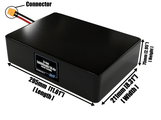 Size reference photo of the 50000mAh 50.4V lithium ion pack showing 295 mm by 211 mm by 75 mm dimensions ideal for drones or large robotic systems where space matters.