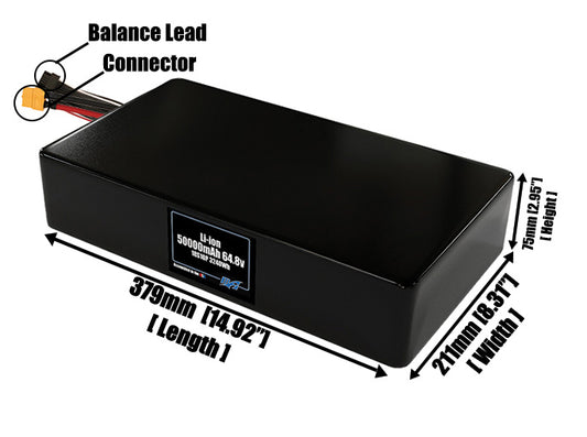 Size reference photo of the 50000mAh 64.8V lithium ion pack showing 379 mm by 211 mm by 75 mm dimensions ideal for drones or large robotic systems where space matters.