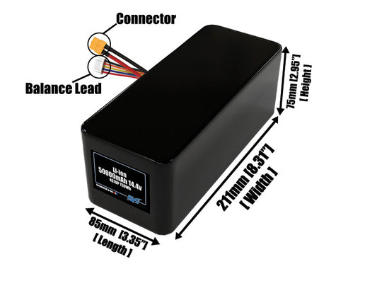 Size reference photo of the 50000mAh 14.4V lithium ion pack showing 85 mm by 211 mm by 75 mm dimensions ideal for drones or large robotic systems where space matters.
