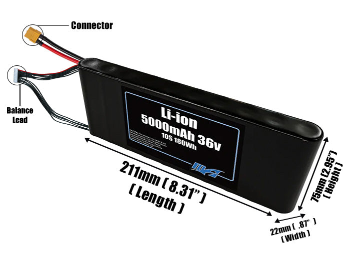Size reference photo of the 5000mAh 36V Li-ion pack showing 211 mm by 22 mm by 75 mm dimensions ideal for drones or small robotic systems where space matters.