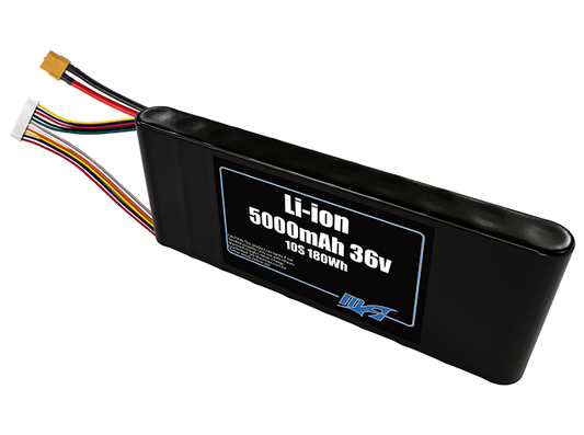 Compact 36-volt 5000mAh lithium-ion battery, built for lightweight drone, UAV, and robotics projects.