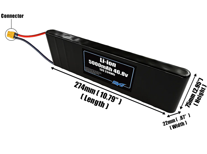 Size reference photo of the 5000mAh 46.8V Li-ion pack showing 274 mm by 22 mm by 75 mm dimensions ideal for drones or small robotic systems where space matters.