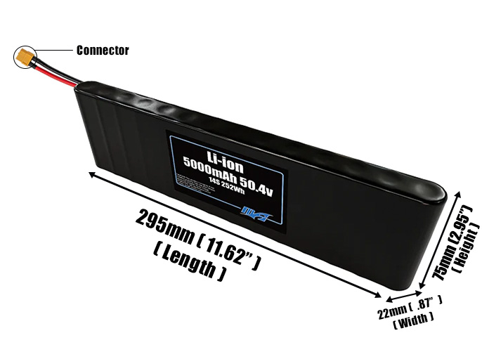 Size reference photo of the 5000mAh 50.4V Li-ion pack showing 295 mm by 22 mm by 75 mm dimensions ideal for drones or small robotic systems where space matters.
