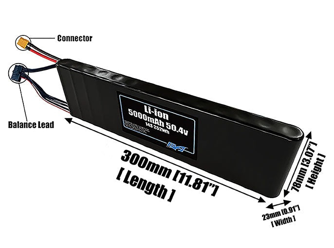 Size reference photo of the 5000mAh 50.4V Li-ion pack showing 300 mm by 23 mm by 78 mm dimensions ideal for drones or small robotic systems where space matters.
