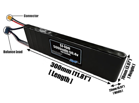 Size reference photo of the 5000mAh 50.4V Li-ion pack showing 300 mm by 23 mm by 78 mm dimensions ideal for drones or small robotic systems where space matters.