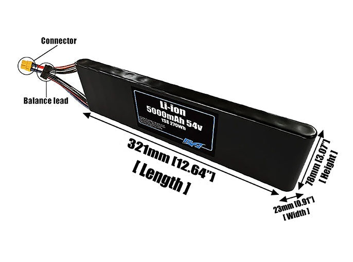 Size reference photo of the 5000mAh 54V Li-ion pack showing 321 mm by 23 mm by 78 mm dimensions ideal for drones or small robotic systems where space matters.