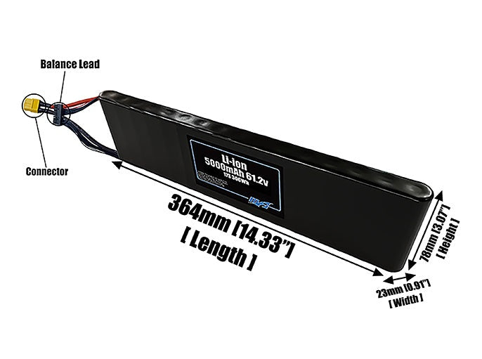 Size reference photo of the 5000mAh 61.2V Li-ion pack showing 364 mm by 23 mm by 78 mm dimensions ideal for drones or small robotic systems where space matters.