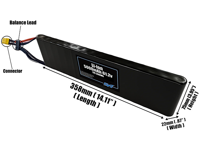Size reference photo of the 5000mAh 61.2V Li-ion pack showing 358 mm by 22 mm by 75 mm dimensions ideal for drones or small robotic systems where space matters.
