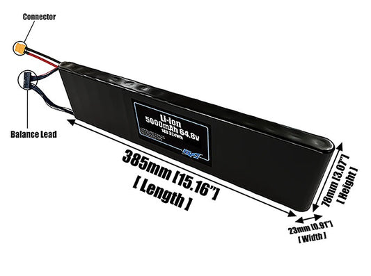 Size reference photo of the 5000mAh 64.8V Li-ion pack showing 385 mm by 23 mm by 78 mm dimensions ideal for drones or small robotic systems where space matters.
