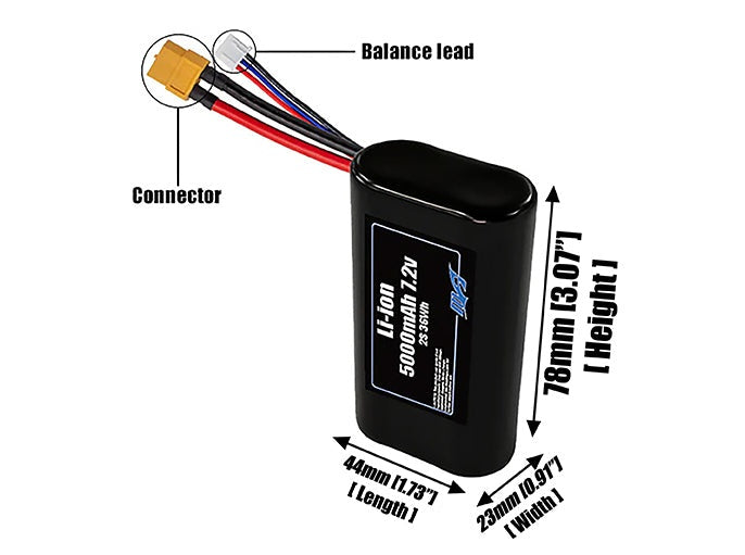 Size reference photo of the 5000mAh 7.2V Li-ion pack showing 44 mm by 23 mm by 78 mm dimensions ideal for drones or small robotic systems where space matters.