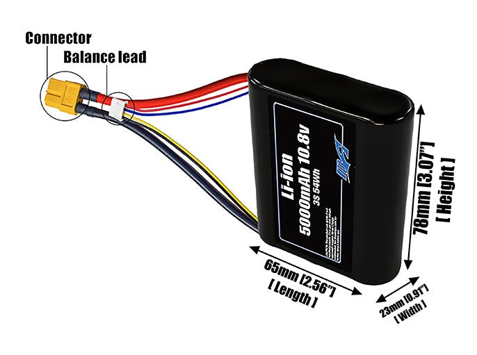 Size reference photo of the 5000mAh 10.8V Li-ion pack showing 65 mm by 23 mm by 78 mm dimensions ideal for drones or small robotic systems where space matters.