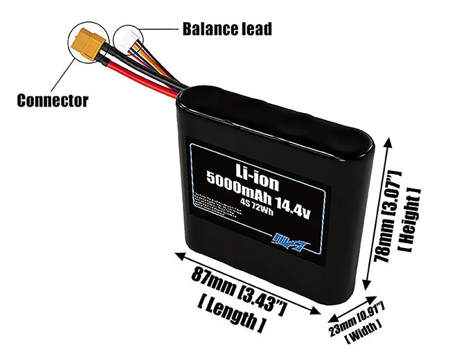 Size reference photo of the 5000mAh 14.4V Li-ion pack showing 87 mm by 23 mm by 78 mm dimensions ideal for drones or small robotic systems where space matters.