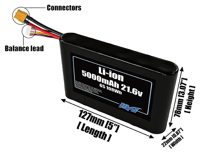 Size reference photo of the 5000mAh 21.6V Li-ion pack showing 127 mm by 22 mm by 78 mm dimensions ideal for drones or small robotic systems where space matters.