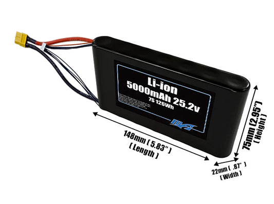 Size reference photo of the 5000mAh 25.2V Li-ion pack showing 148 mm by 22 mm by 75 mm dimensions ideal for drones or small robotic systems where space matters.