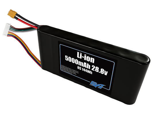 Compact 28.8-volt 5000mAh lithium-ion battery, built for lightweight drone, UAV, and robotics projects.