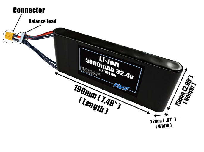 Size reference photo of the 5000mAh 32.4V Li-ion pack showing 190 mm by 22 mm by 75 mm dimensions ideal for drones or small robotic systems where space matters.