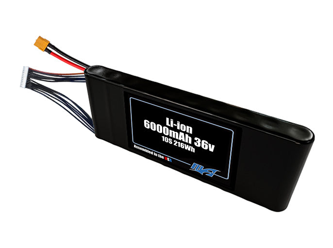 Compact 36-volt 6000mAh lithium-ion battery, built for lightweight drone, UAV, and robotics projects.
