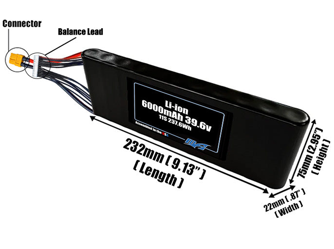 Size reference photo of the 6000mAh 39.6V Li-ion pack showing 232 mm by 22 mm by 75 mm dimensions ideal for drones or small robotic systems where space matters.