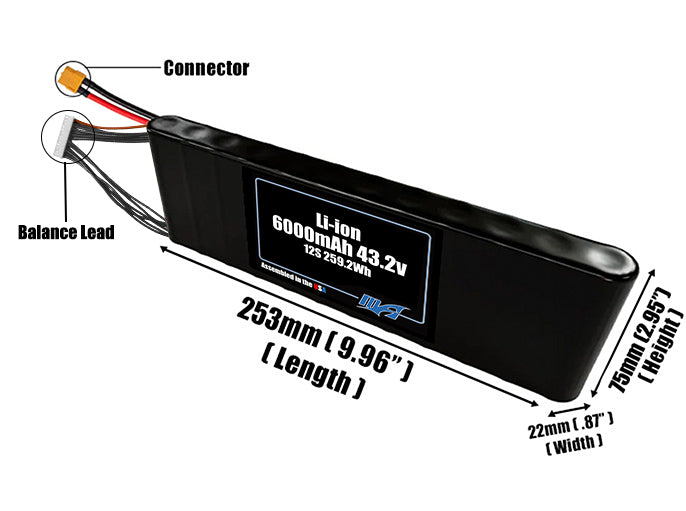 Size reference photo of the 6000mAh 43.2V Li-ion pack showing 253 mm by 22 mm by 75 mm dimensions ideal for drones or small robotic systems where space matters.