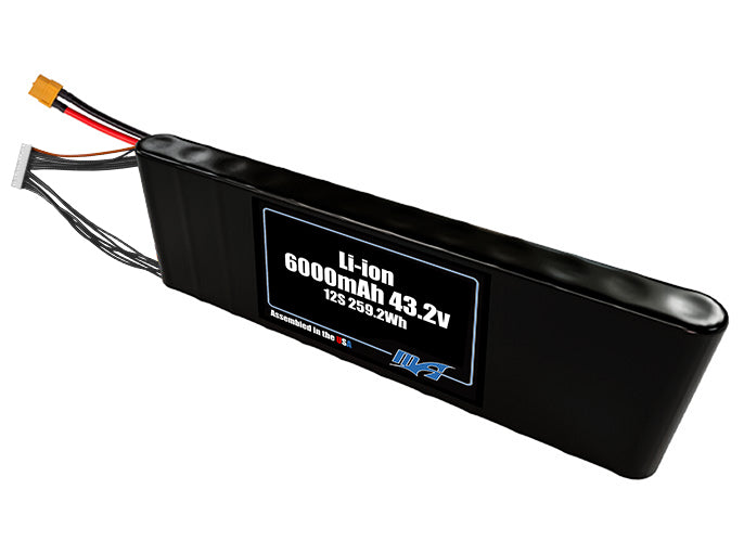 Compact 43.2-volt 6000mAh lithium-ion battery, built for lightweight drone, UAV, and robotics projects.