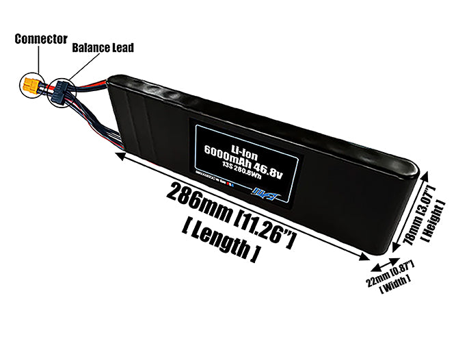 Size reference photo of the 6000mAh 46.8V Li-ion pack showing 286 mm by 22 mm by 78 mm dimensions ideal for drones or small robotic systems where space matters.