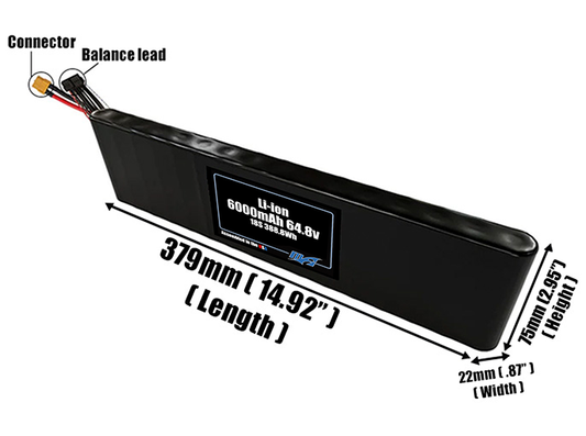 Size reference photo of the 6000mAh 64.8V Li-ion pack showing 379 mm by 22 mm by 75 mm dimensions ideal for drones or small robotic systems where space matters.