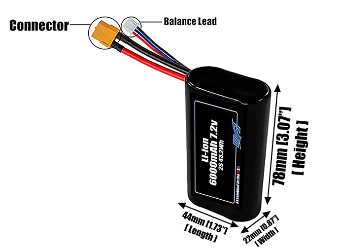 Size reference photo of the 6000mAh 7.2V Li-ion pack showing 44 mm by 22 mm by 78 mm dimensions ideal for drones or small robotic systems where space matters.