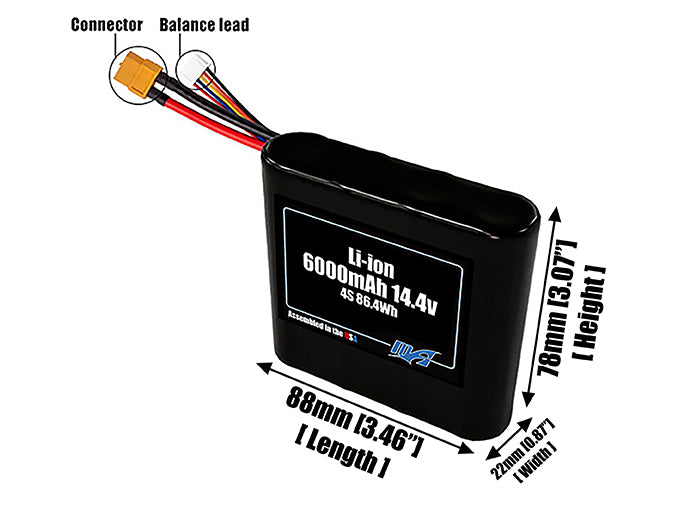 Size reference photo of the 6000mAh 14.4V Li-ion pack showing 88 mm by 22 mm by 78 mm dimensions ideal for drones or small robotic systems where space matters.
