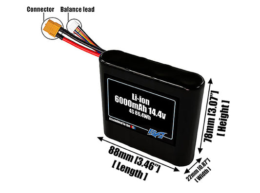 Size reference photo of the 6000mAh 14.4V Li-ion pack showing 88 mm by 22 mm by 78 mm dimensions ideal for drones or small robotic systems where space matters.